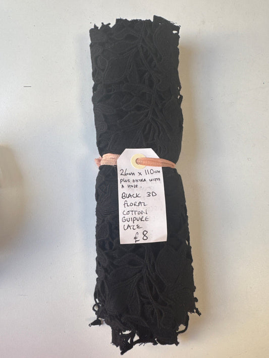 Black 3D Floral Cotton Guipure Lace Remnant