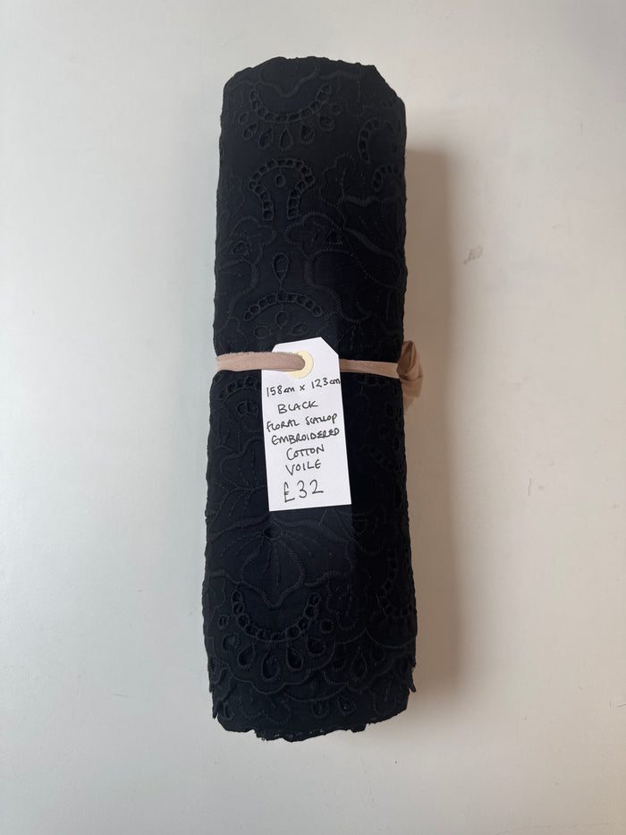 Black Floral Scallop Embroidered Cotton Voile Remnant