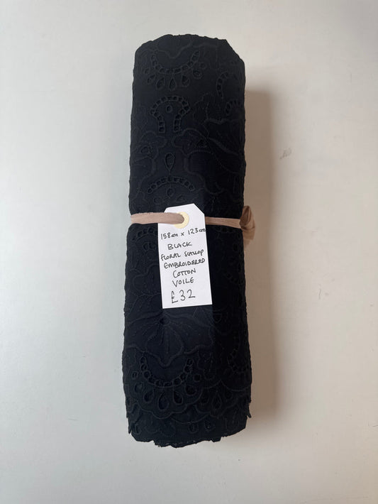 Black Floral Scallop Embroidered Cotton Voile Remnant