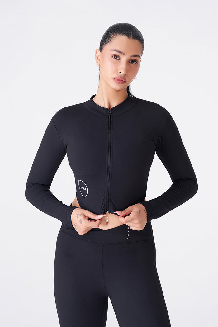 Black Full Sleeves Zipper Top for a Sleek Gym Look