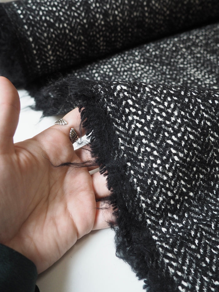 Black Herringbone Marl Wool Blend Coating