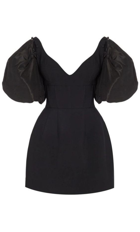 Black Homecoming Dress 2023 V Neck Satin with Puffy Sleeves