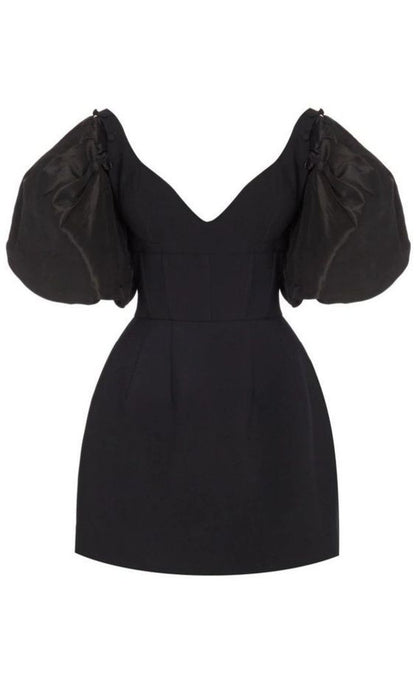 Black Homecoming Dress 2023 V Neck Satin with Puffy Sleeves