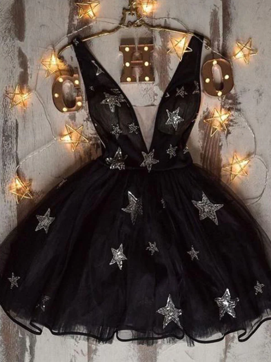 Black Homecoming Dress 2023 V Neck Sleeveless Tulle Starry