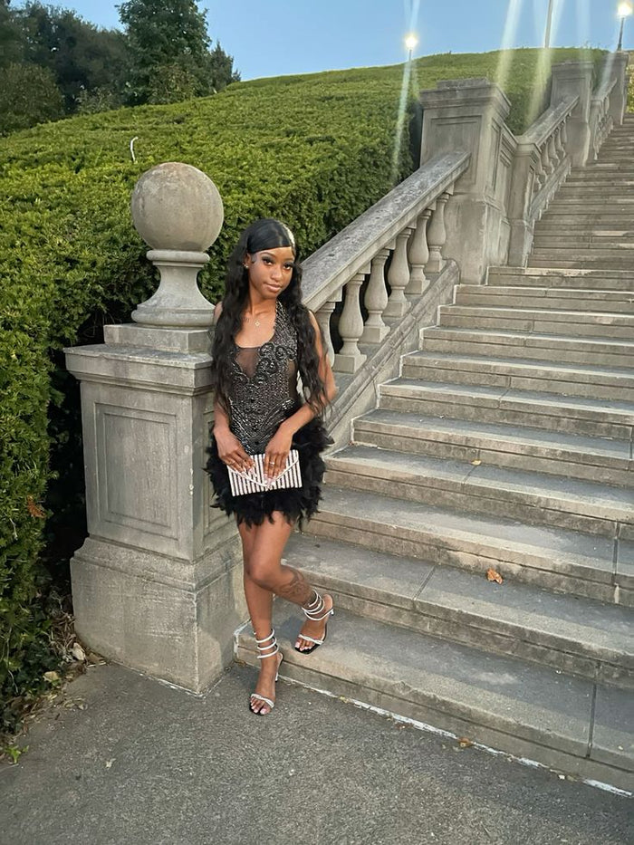 Black Homecoming Dress 2025 for Black Girls with Feathers
