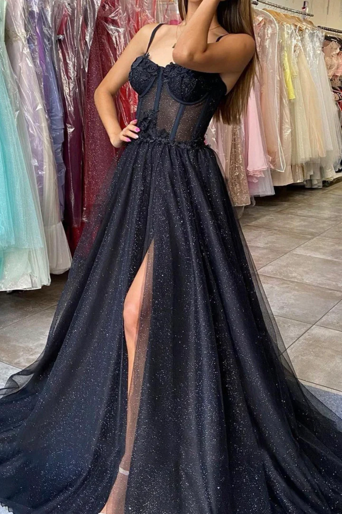 Black Prom Dress 2023 Spaghetti Straps Tulle with Slit