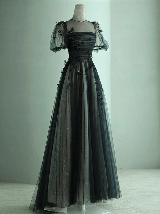 Black Prom Dress 2024 Illusion Neck Tulle Beaded Pleats