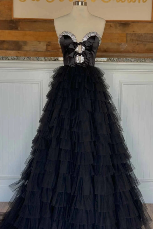 Black Prom Dress 2024 V Neck Tulle Tiered with Bow(s)