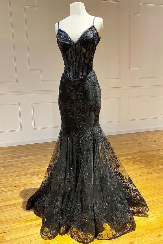 Black Prom Dress 2024 V Neck Tulle with Lace Appliques Mermaid