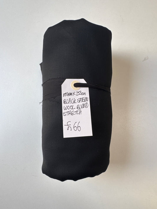 Black Sateen Stretch Wool Blend Remnant
