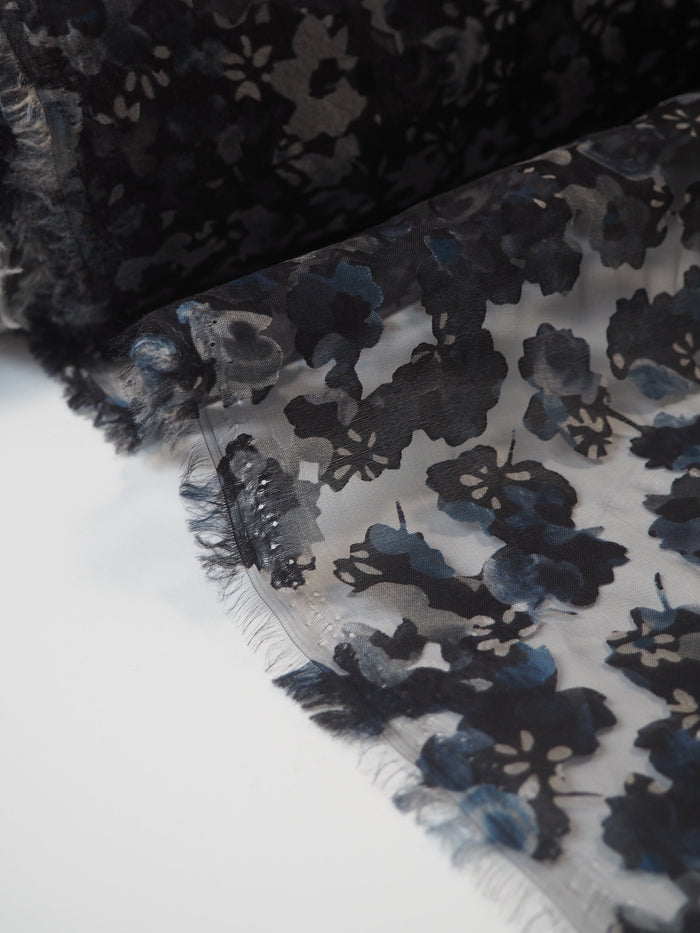 Blue Black Floral Burnout Organza