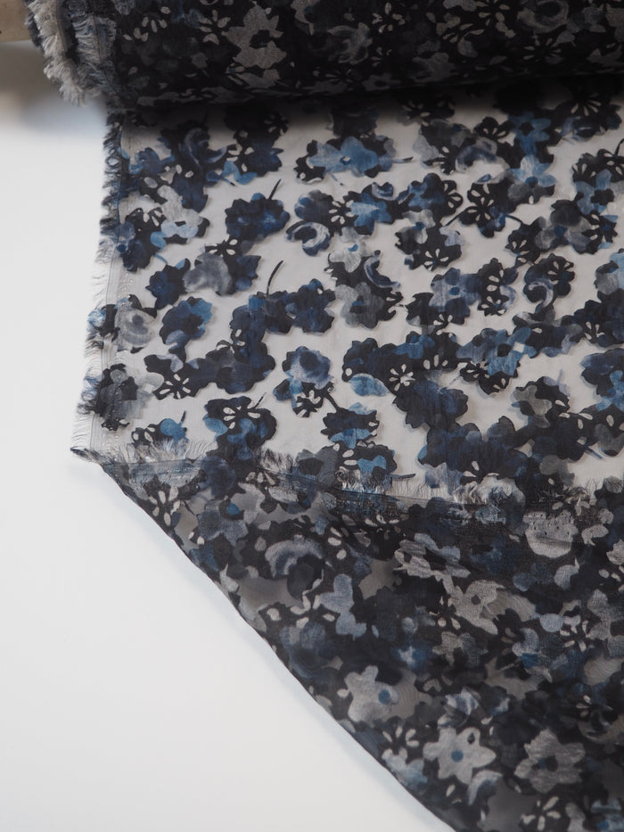 Blue Black Floral Burnout Organza