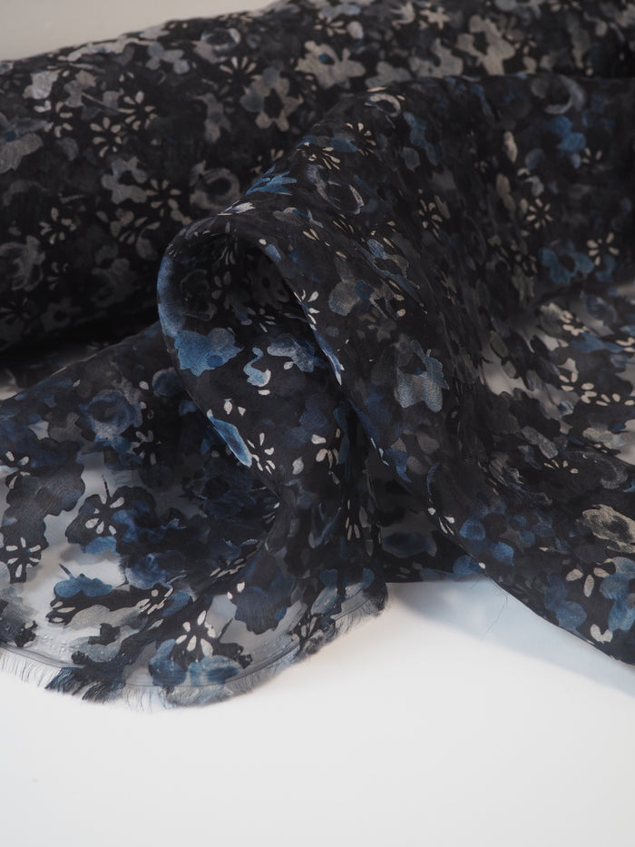 Blue Black Floral Burnout Organza