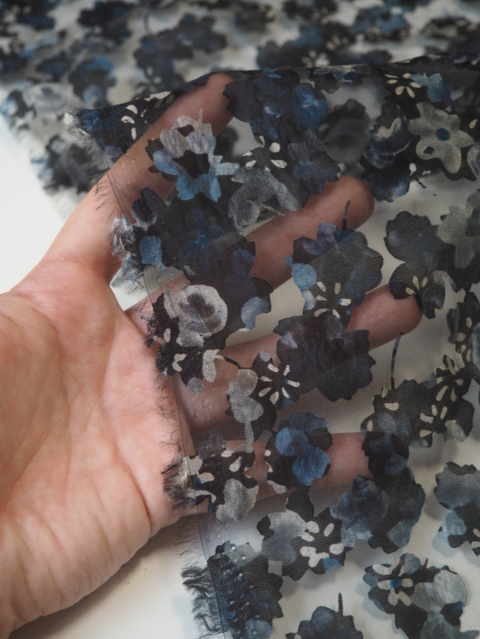Blue Black Floral Burnout Organza