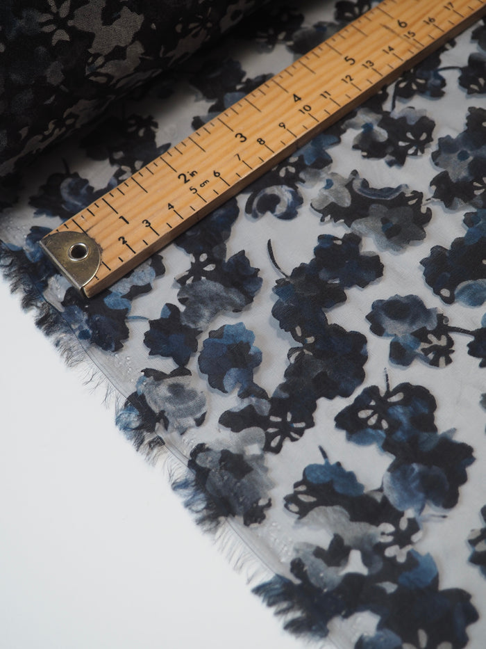 Blue Black Floral Burnout Organza