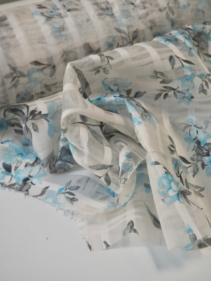 Blue Floral Silk/Cotton Window Pane Organza