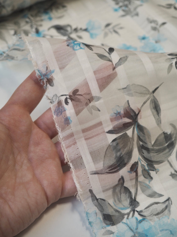 Blue Floral Silk/Cotton Window Pane Organza
