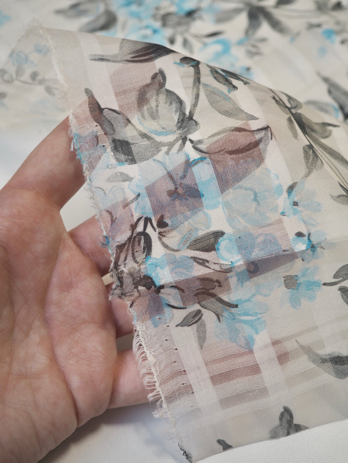 Blue Floral Silk/Cotton Window Pane Organza