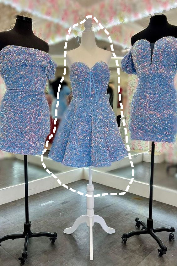 Blue Homecoming Dress 2023 Short Strapless Sequin with Pleats Sparkly
