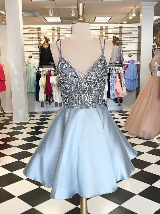 Blue Homecoming Dress 2023 Spaghetti Straps Beaded Satin