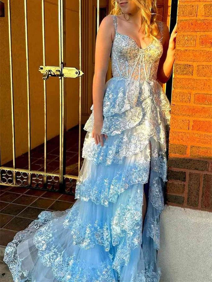 Blue Prom Dress 2024 Inspiration Sweetheart Tiered Tulle with Slit