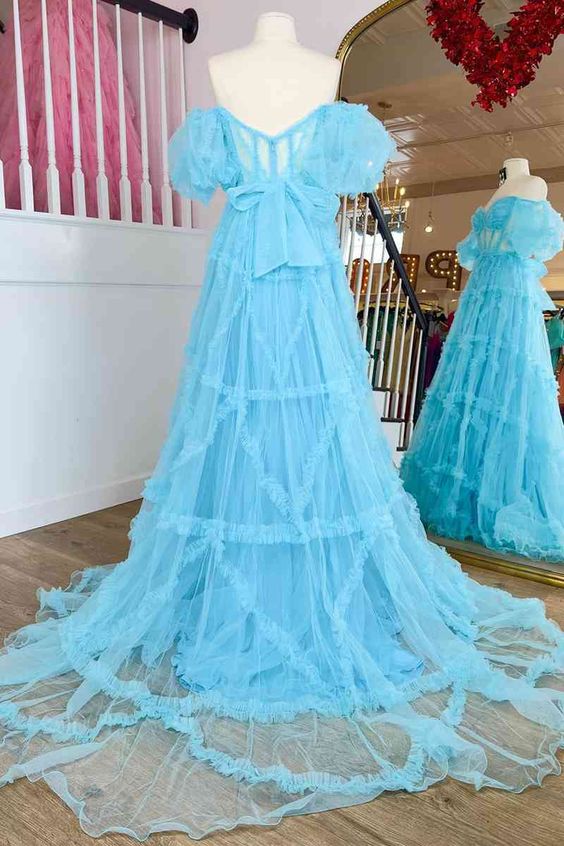 Blue Prom Dress 2024 Off the Sholulder Tulle with Sleeves
