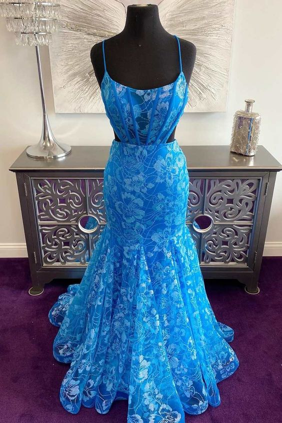 Blue Prom Dress 2024 Spaghetti Straps Floral Mermaid