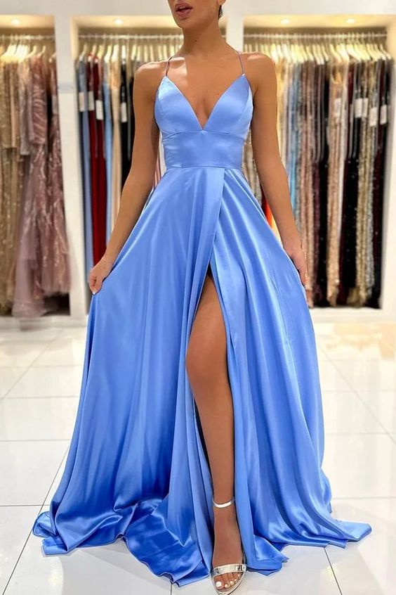 Blue Prom Dress 2024 Spaghetti Straps Satin with Slit