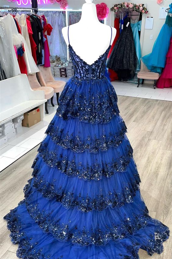 Blue Prom Dress 2024 Spaghetti Straps Tulle Tiered