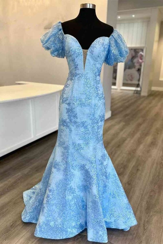 Blue Prom Dress 2024 V Neck Sequined with Sleeves