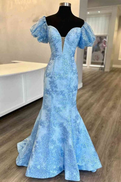 Blue Prom Dress 2024 V Neck Sequined with Sleeves