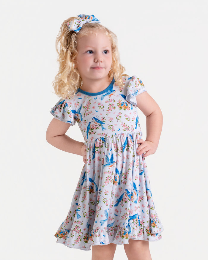 Bluebird Melody Short Sleeve Big Kid Twirl Dress