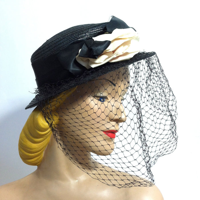 Blush Rose Black Hat w/ Dramatic Veil circa 1940s