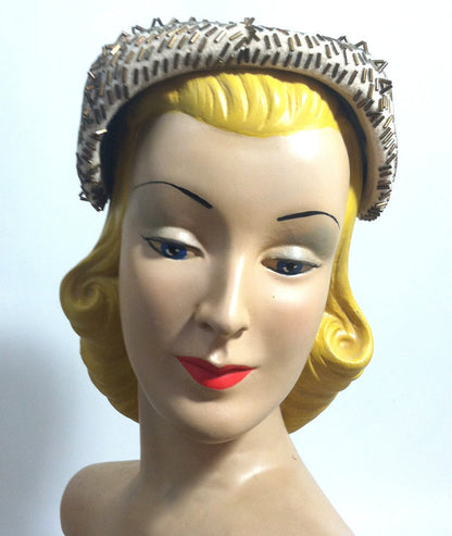 Bronze Beaded Ivory Cocktail Hat circa 1950s Dorothea's Closet Vintage Hat