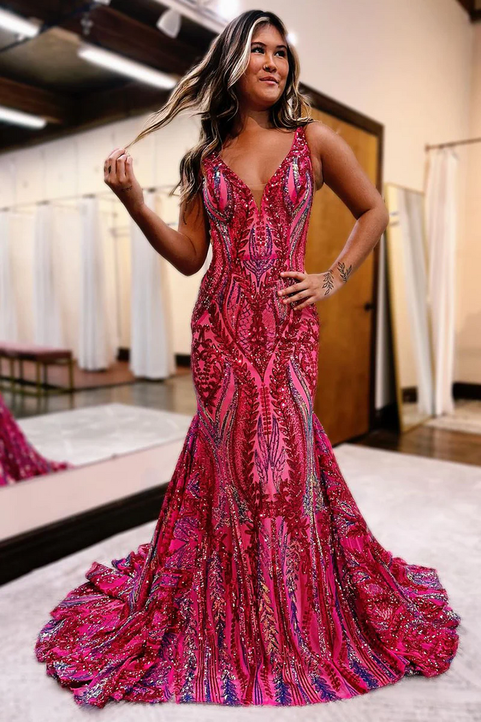 Burgundy Pattern Sequin Prom Dress 2025 Backless