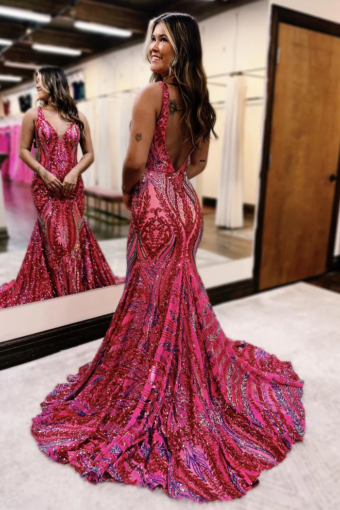Burgundy Pattern Sequin Prom Dress 2025 Backless