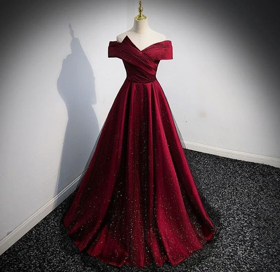 Burgundy Prom Dress 2024 Off the Shoulder Satin Sparkly