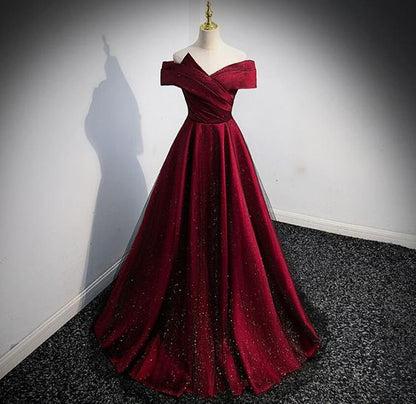 Burgundy Prom Dress 2024 Off the Shoulder Satin Sparkly