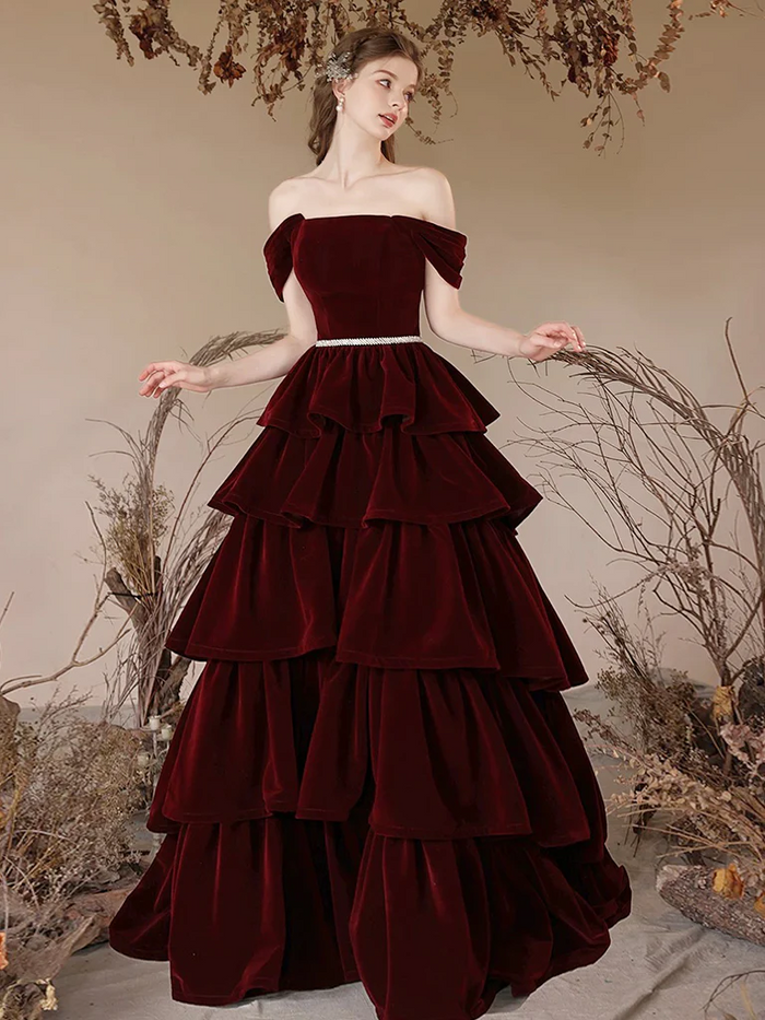 Burgundy Velvet Tiered Skirt Prom Dress 2025 Corset Back