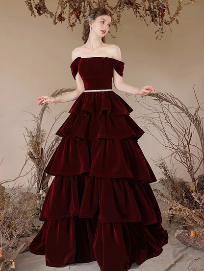 Burgundy Velvet Tiered Skirt Prom Dress 2025 Corset Back