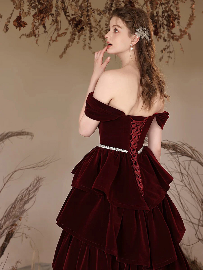 Burgundy Velvet Tiered Skirt Prom Dress 2025 Corset Back