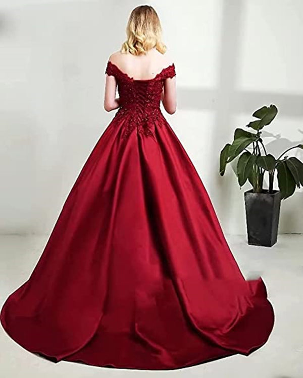 Burnt Orange Prom Dress 2023 Off the Shoulder Lace Appliques Satin with Pockets
