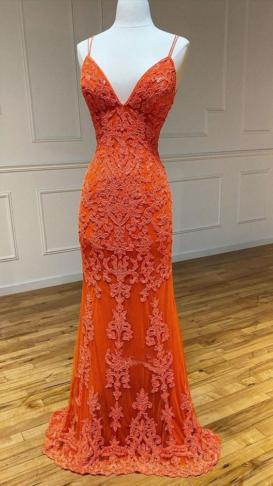 Burnt Orange Prom Dress 2024 Spaghetti Straps Lace Appliques