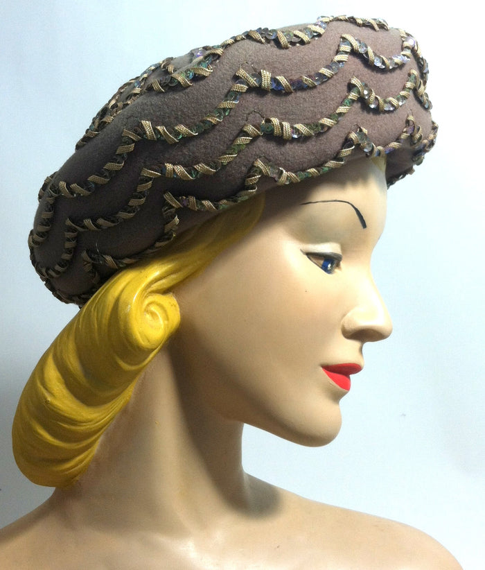 Cafe au Lait Felted Wool Rolled Brim Hat w/ Sequins circa 1960s Dorothea's Closet Vintage Hat