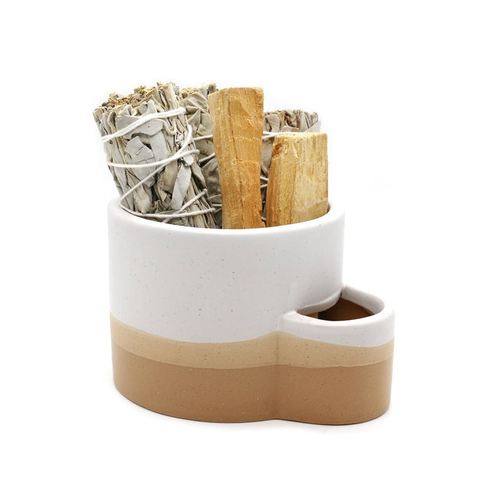 Ceramic Palo Santo Burner w/ Match Slot - White & Brown