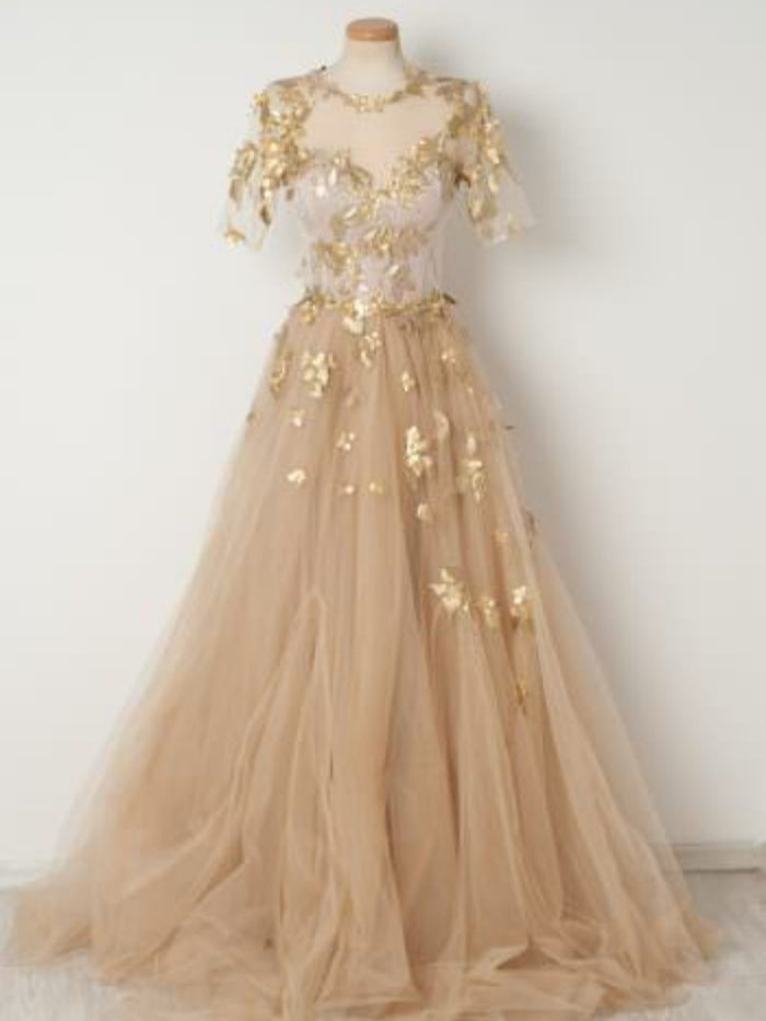 Champagne Prom Dress 2024 Illusion Neck Tulle with Sleeves