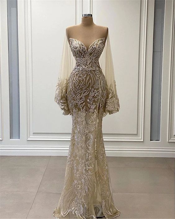 Champagne Prom Dress 2024 V Neck Sequined with Long Sleeves