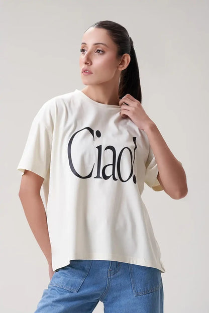 Chic and Minimalist Oversized "Ciao!" Graphic T-Shirt