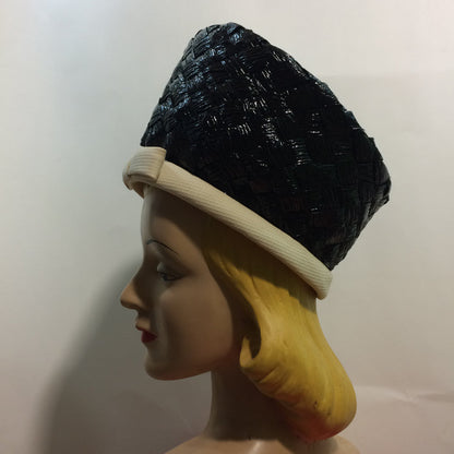 Chic Glossy Black Braided Cello Tall Front Hat w/ White Trim circa 1960s