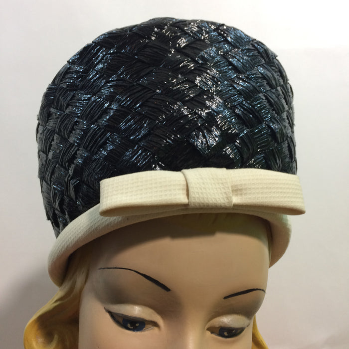 Chic Glossy Black Braided Cello Tall Front Hat w/ White Trim circa 1960s